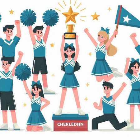 Cheerleaders in uniform set. Cheerleaders with a trophy and a medal. Vector illustrationのイラスト素材
