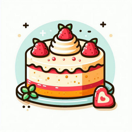 Vector illustration of cake with strawberry and heart on white background. Flat style design.のイラスト素材