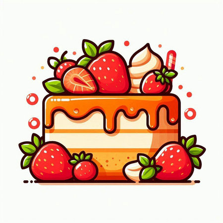 Cake with strawberries and whipped cream. Vector illustration on white background.のイラスト素材