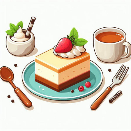 Illustration of a slice of cheesecake and a cup of coffeeのイラスト素材