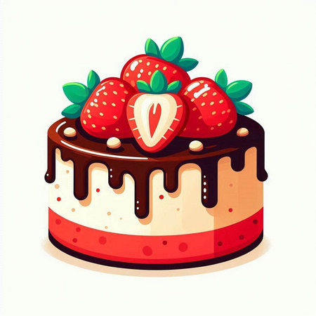 Strawberry cake with chocolate icing and strawberries. Vector illustration.のイラスト素材