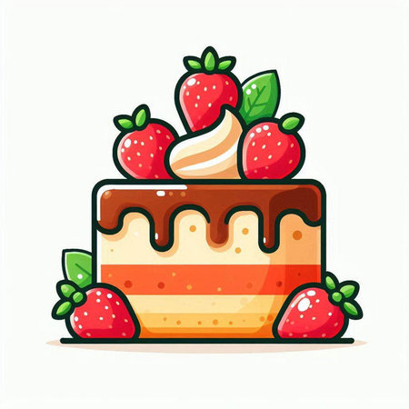 Strawberry cake with whipped cream and fresh berries. Vector illustration.のイラスト素材