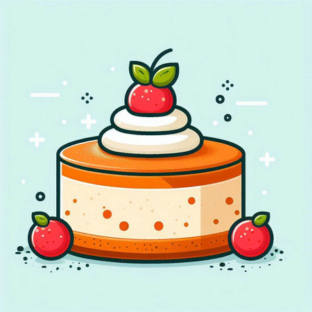 Cake with cream, cherry, apple and mint. Vector illustration.のイラスト素材