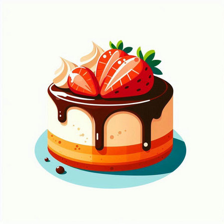 Cake with chocolate and strawberries on a white background. Vector illustrationのイラスト素材