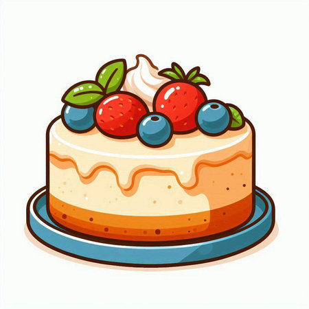 Cake with berries and whipped cream on a plate. Vector illustrationのイラスト素材