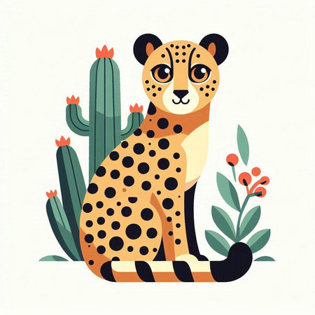 Cheetah with cactus. Vector illustration in flat style.のイラスト素材