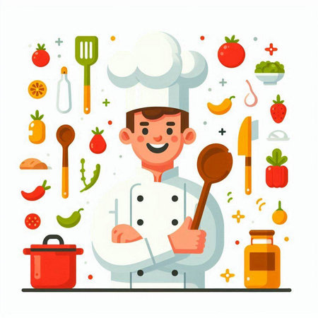 Chef with cooking utensils and vegetables. Vector illustration in flat styleのイラスト素材