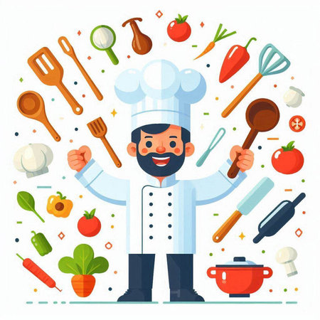 Chef man in uniform and hat with cooking equipment. Vector illustrationのイラスト素材