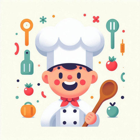 Chef boy with kitchen tools. Vector illustration in cartoon style.のイラスト素材