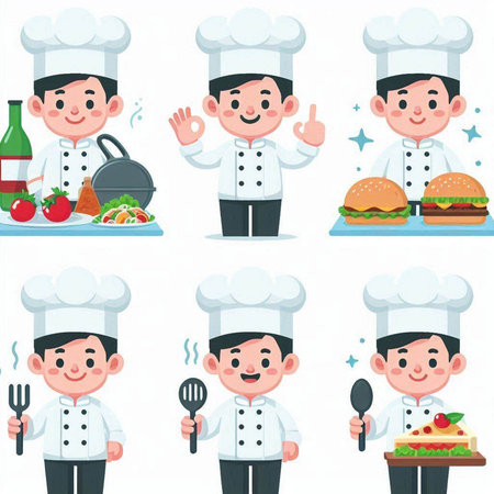 Chef character vector illustration set. Chef man in uniform and hat cooking with food.のイラスト素材