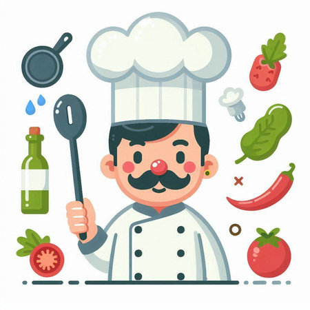 Chef with vegetables and ladle. Vector illustration in cartoon styleのイラスト素材