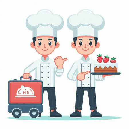 Chef man and boy with cake and food truck vector illustration.のイラスト素材