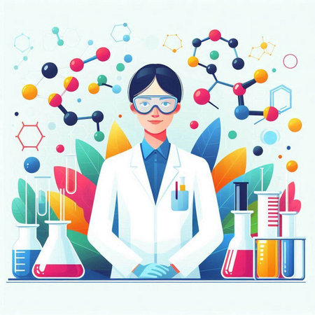 Scientist in laboratory. Vector illustration in flat style. Medical background.のイラスト素材