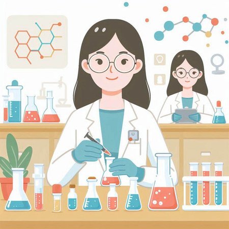 Illustration of a female scientist working in a laboratory with her studentsのイラスト素材
