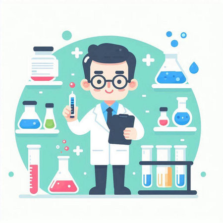 Scientist with test tubes. Vector illustration in flat cartoon style.のイラスト素材