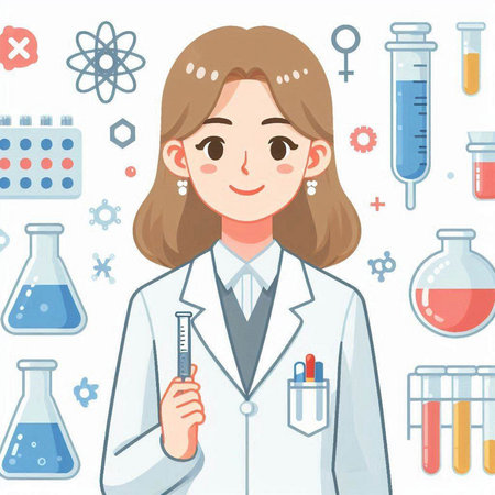 Illustration of a female scientist holding a test tube in a laboratoryのイラスト素材