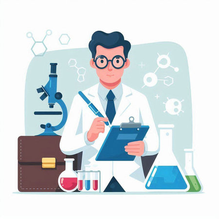 Scientist working in laboratory. Vector illustration in cartoon style. Flat design.のイラスト素材