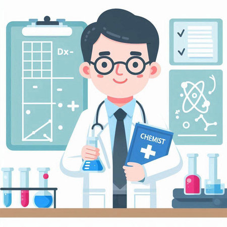 Male scientist holding test tube and flask in laboratory. Vector flat illustrationのイラスト素材