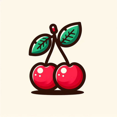 Cherry fruit icon. Vector illustration of a cherry with leaves.のイラスト素材