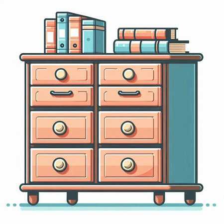 Cartoon illustration of chest of drawers with books and folders.のイラスト素材
