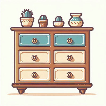 Wooden chest of drawers with cactuses. Vector illustration.のイラスト素材