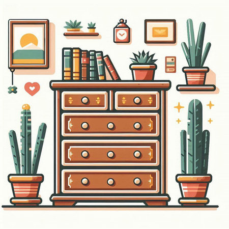 Vector illustration of a shelf with books and cacti in flat styleのイラスト素材