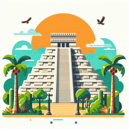 Mexico pyramid. Vector illustration in flat design style. Travel and tourism.のイラスト素材