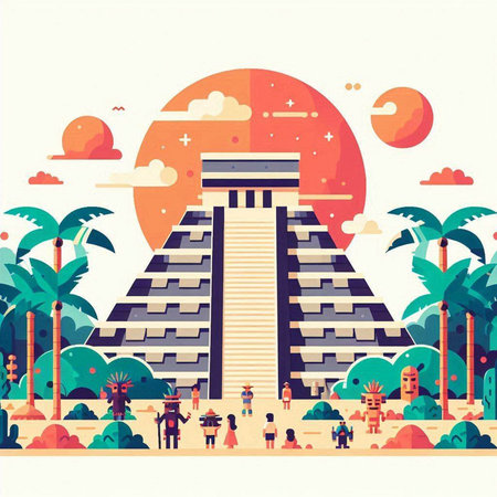 Egyptian pyramid on the background of palm trees. Vector illustration.のイラスト素材