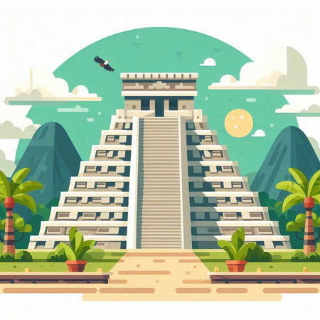 Mayan pyramid in the desert. Vector illustration in flat style.のイラスト素材