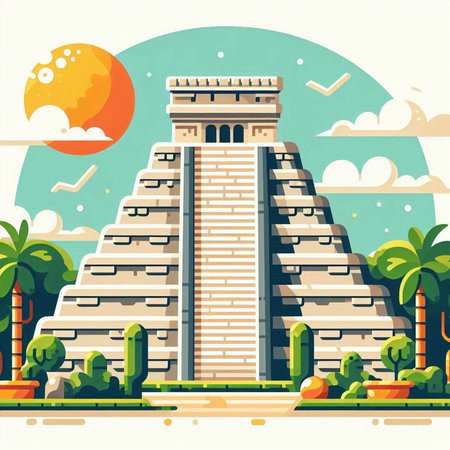 Ancient Mayan pyramid in Mexico. Vector illustration in flat style.のイラスト素材