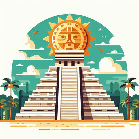 Ancient Mayan pyramid with sun and palm trees. Vector illustration.のイラスト素材