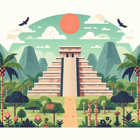Ancient Mayan pyramid in the jungle. Vector illustration in flat styleのイラスト素材