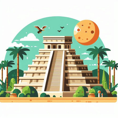 Ancient Mayan pyramid on the background of palm trees. Vector illustrationのイラスト素材