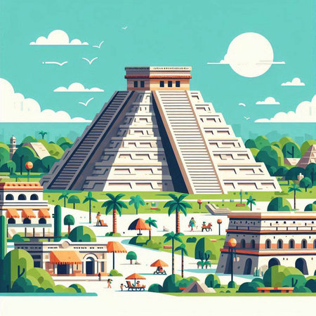 Mayan pyramid in Yucatan, Mexico. Vector illustration.のイラスト素材
