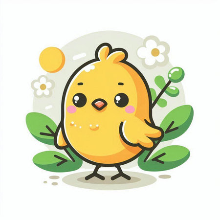 Cute chick with flower and leaves on white background. Vector illustration.のイラスト素材