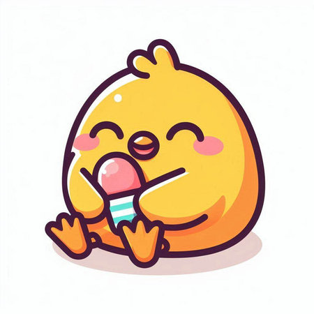 Cute chicken eating ice cream. Vector illustration. Isolated on white background.のイラスト素材