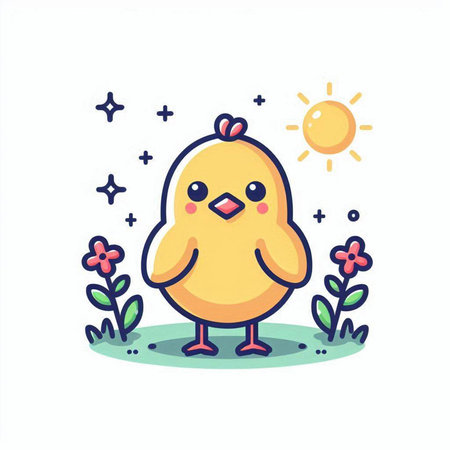 Cute little chicken character with sun and flowers. Vector illustration.のイラスト素材