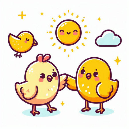 Cute little chicken and chick with sun and clouds. Vector illustration.のイラスト素材