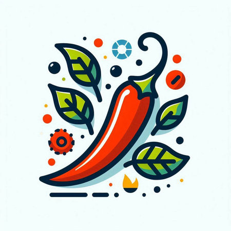 Chilli pepper with leaves and seeds. Vector illustration in linear style.のイラスト素材
