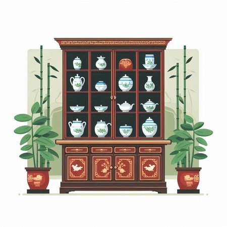 Chinese tea house interior with teapot and cupboard. Vector illustration.のイラスト素材