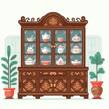 Vintage cupboard with teacups. Vector illustration in flat styleのイラスト素材