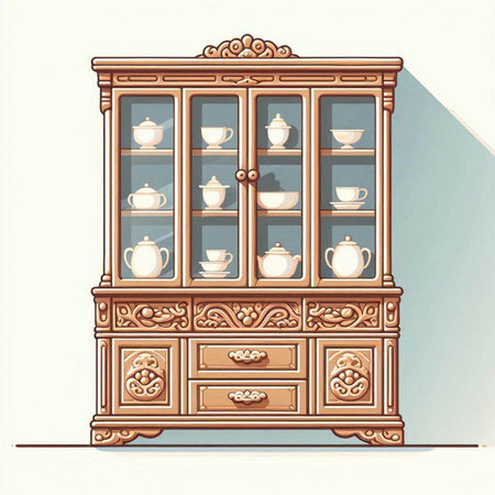 Cabinet with cups and saucers. Vector illustration.のイラスト素材