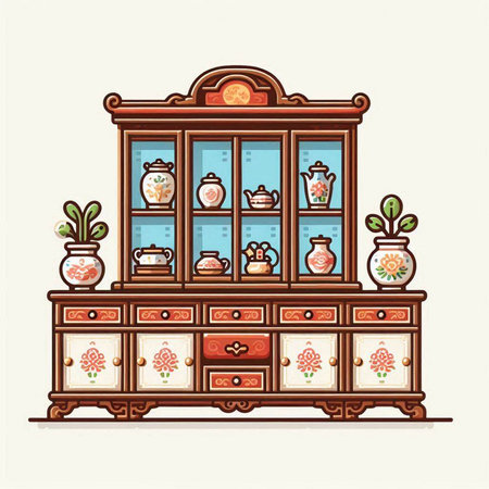 Cabinet with cups and vases. Vector illustration in retro styleのイラスト素材