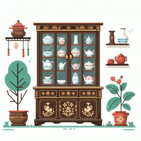 Cupboard with Chinese tea set. Vector illustration in flat style.のイラスト素材