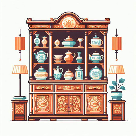 Vintage cabinet with dishes, table lamp and vase. Vector illustration.のイラスト素材