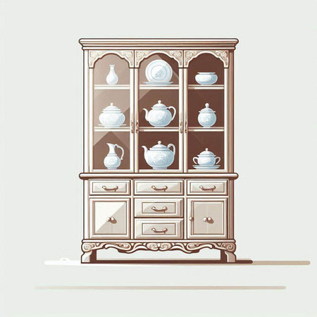 Illustration of a vintage cupboard with a set of dishes.のイラスト素材