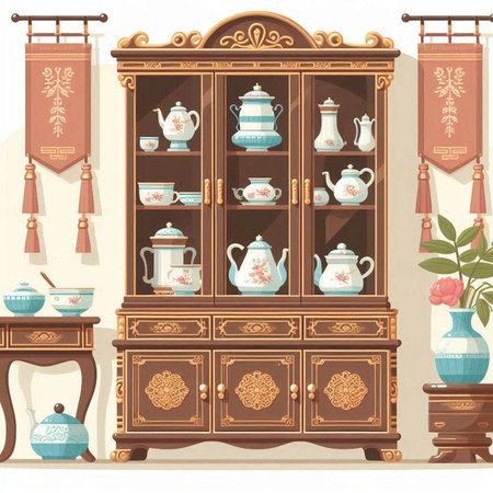 Illustration of a Chinese tea set in a wooden cupboard.のイラスト素材
