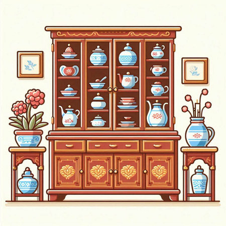 Vintage cabinet with cups and teapot. Vector illustration.のイラスト素材