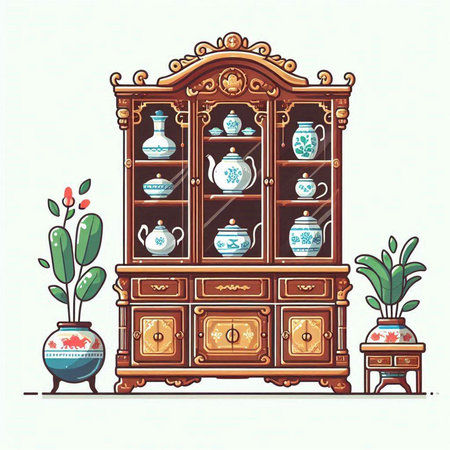 Cupboard with candlesticks and vases. Vector illustration.のイラスト素材
