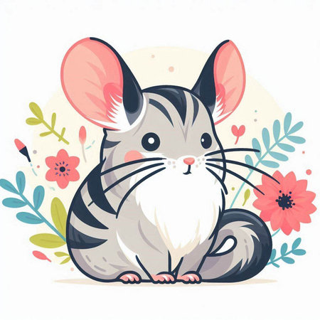 Cute cartoon mouse with flowers on white background. Vector illustration.のイラスト素材